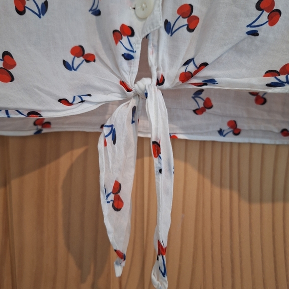 Kate Spade Cherry toss tie-front top, French cream, all cotton XL - Picture 2 of 10